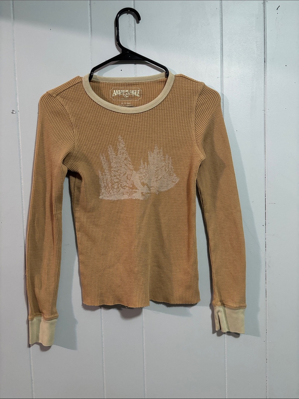 American Eagle Outfitters Tan Waffle Long Sleeve Tee with Cream Trim Y2K